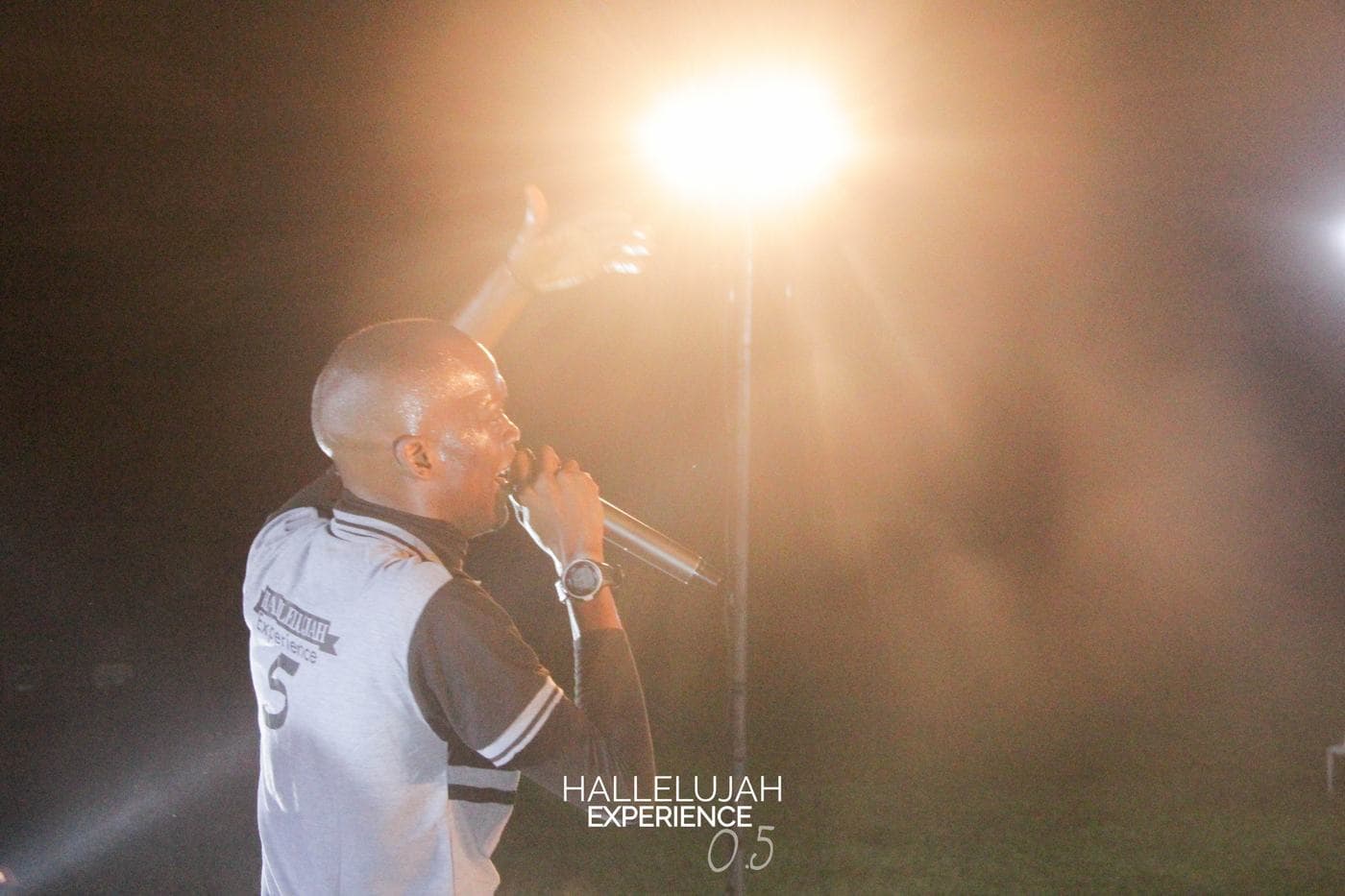 A soloist performing under stage light at night.