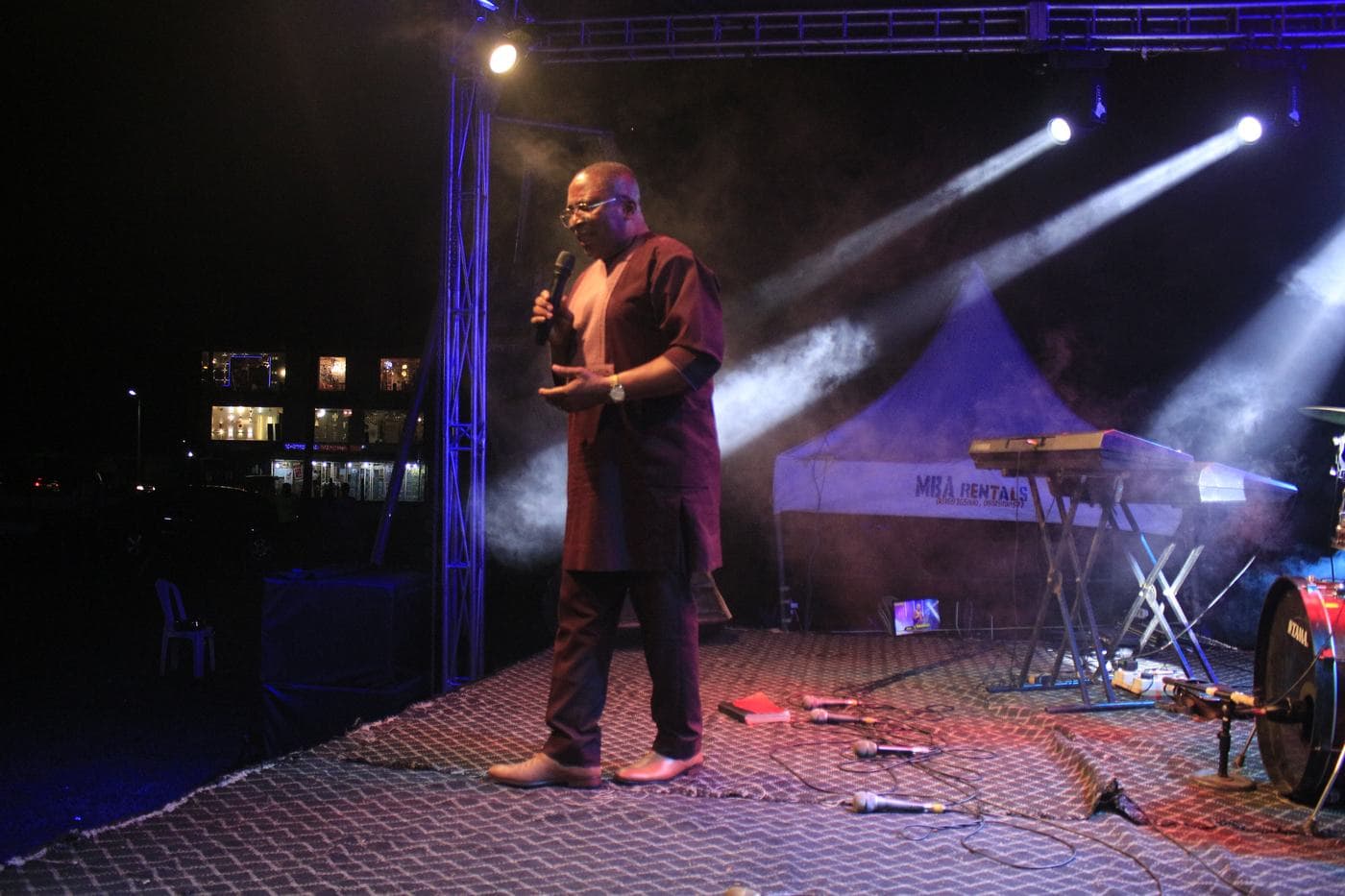 The stage and lighting rig at night.